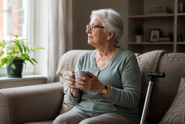 Woman At Home With Walking Stick