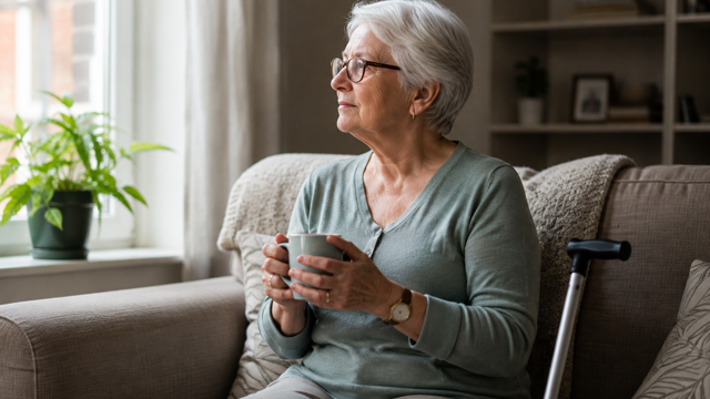 Woman At Home With Walking Stick