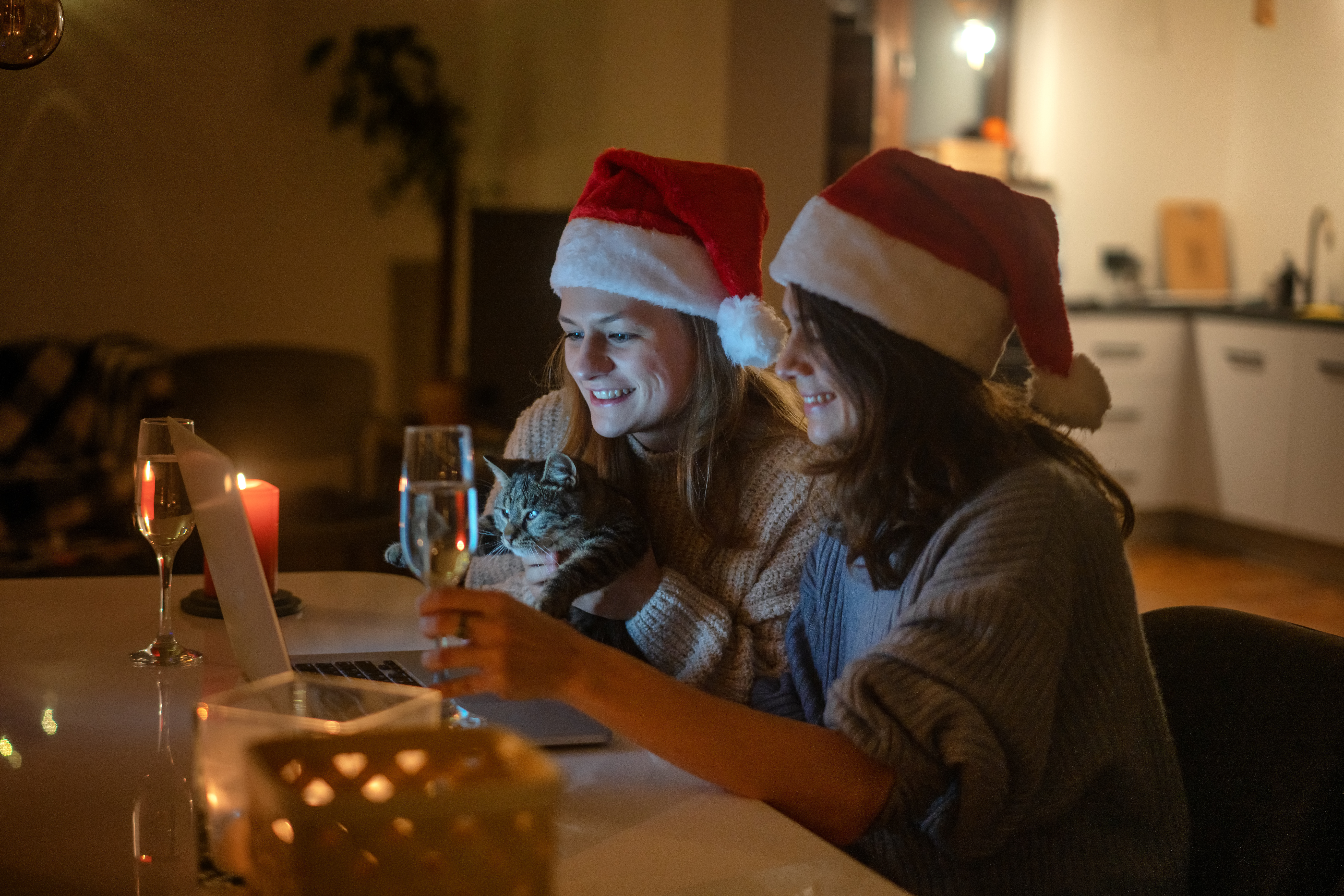Two women sat at their dining room table with santa hats on with their cat, virtually talking on their laptop.