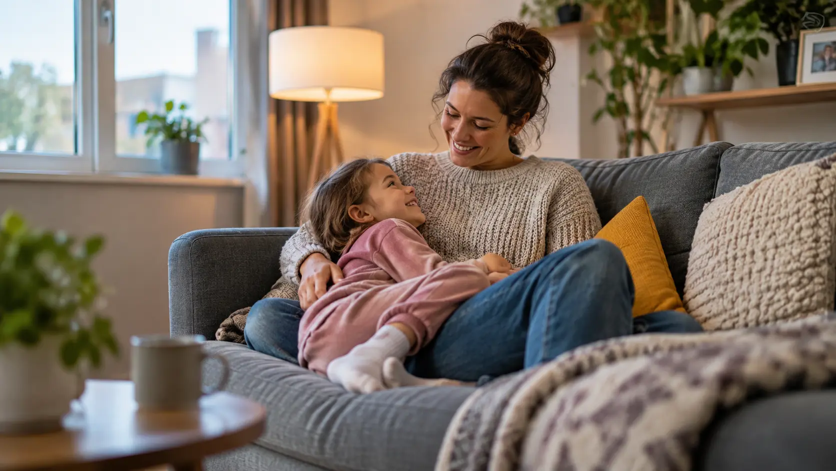 Woman And Child Smiling At Home