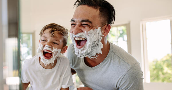 Father And Son Shaving In Bathroom Fun